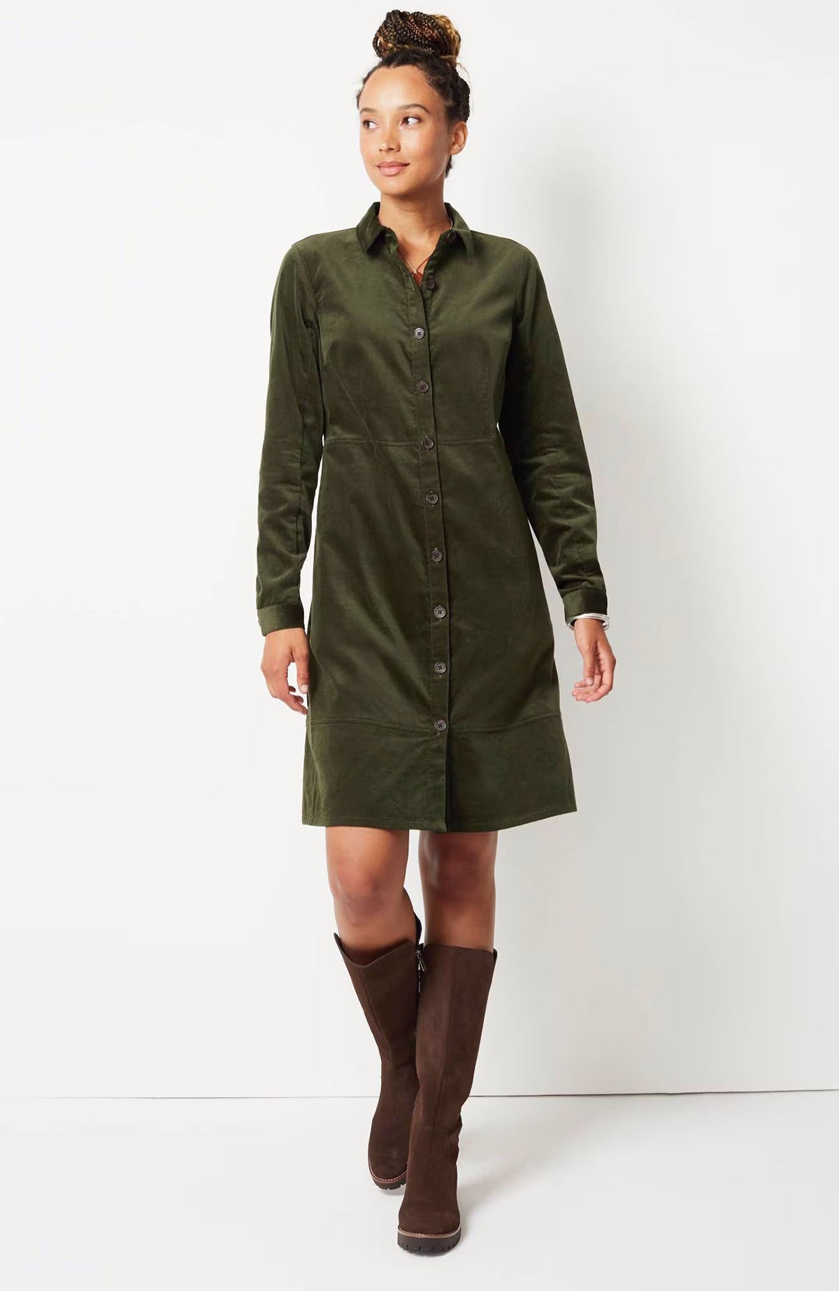 Elegant Velvet Windbreaker Button Loose Intellectual Long Sleeve Shirt Dress