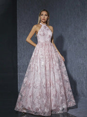 Vestido rosa con cuello halter para niña, ideal para fotos, fiestas de cumpleaños, cócteles y noches.