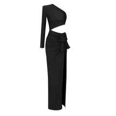 Vestido negro de manga larga para mujer, con aberturas y corte en la cadera, elástico, con hombros oblicuos, para invierno