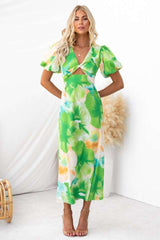 Year Bubble Sleeve Maxi Dress Print V neck Hollow Out Cutout