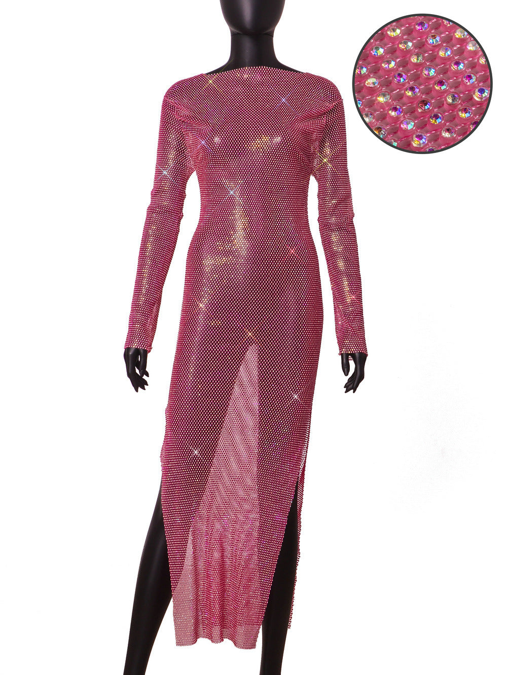 High Split Maxi Dress Mesh Rhinestone Round Neck Dress