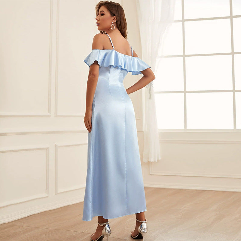 Bridesmaid Adult Formal Dress Dress Blue Spaghetti-Strap Ruffle A line Dress