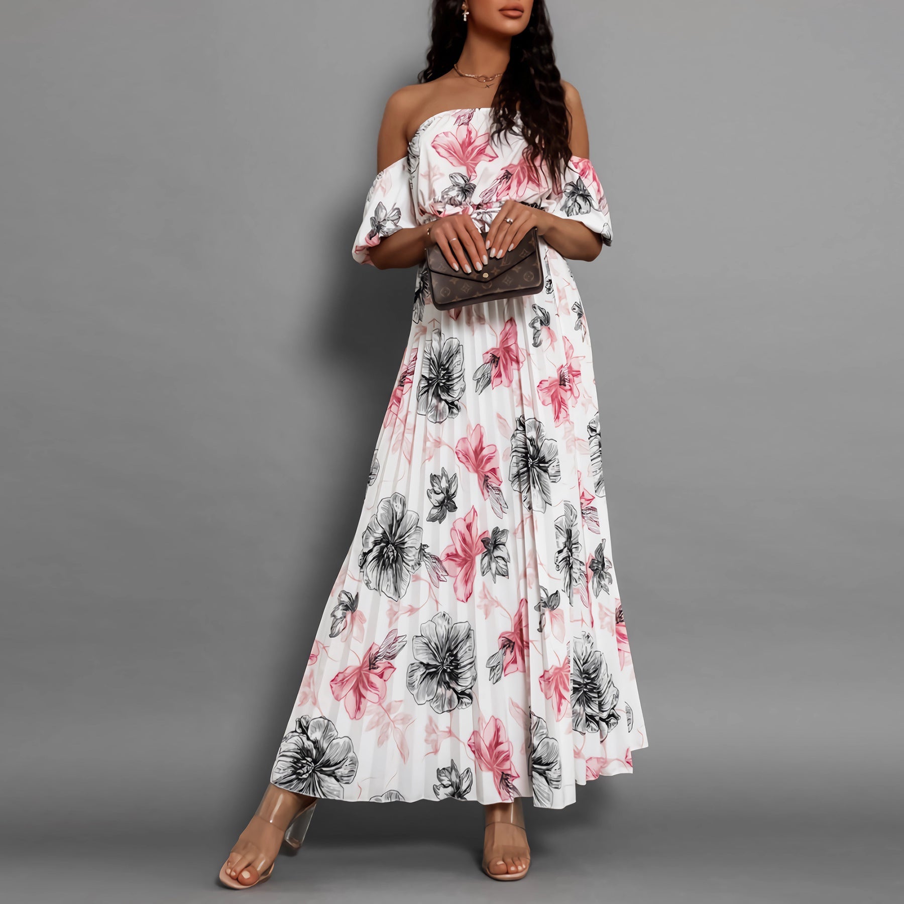 off Neck Pleated Printed Slip Shoulder Sleeve Floral Print Maxi Dress