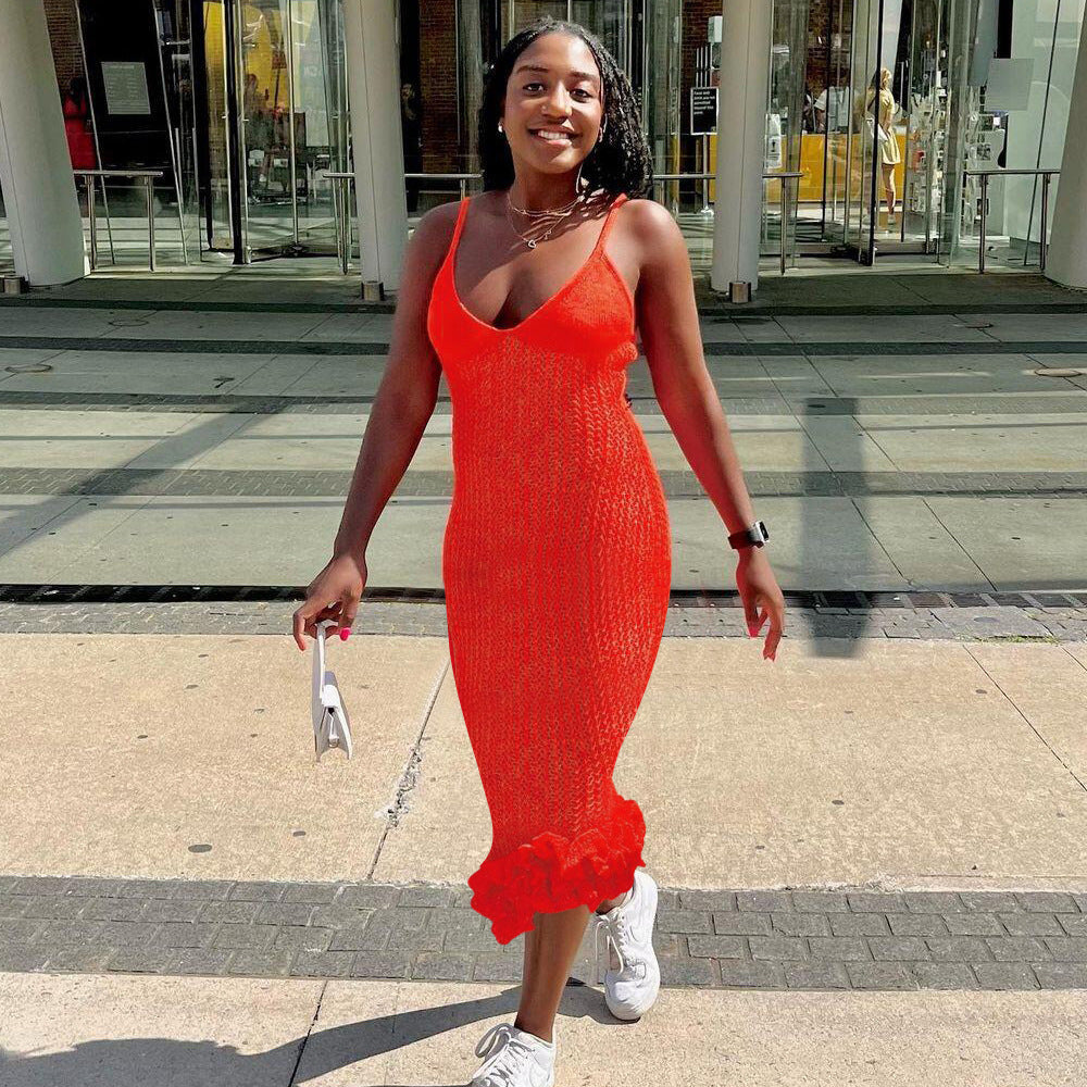 Personalized Sling Backless Wooden Ear Knitted Slim Fit Maxi Dress