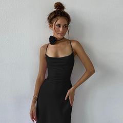 Floral Halter Collar Backless Lace Up Split Sling Dress