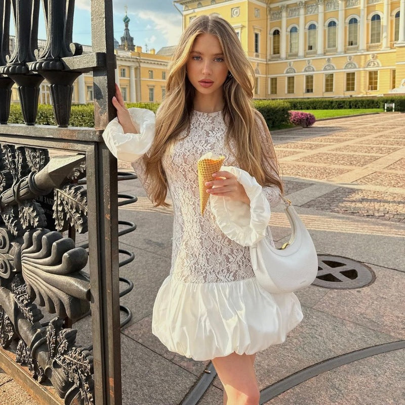 Stylish Long Sleeves See through Lace Tiered