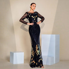 Long Sequined Long Sleeve round Neck Cocktail Evening Dress Bridesmaid