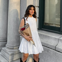 Vestido elegante blanco que combina con todo, cuello redondo, lazo, cordones, elegante, suelto, corto