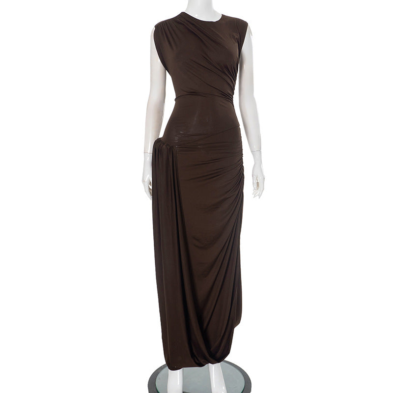 Vestido elegante de color liso con cuello redondo, sin mangas, cintura ajustada, plisado y sin espalda