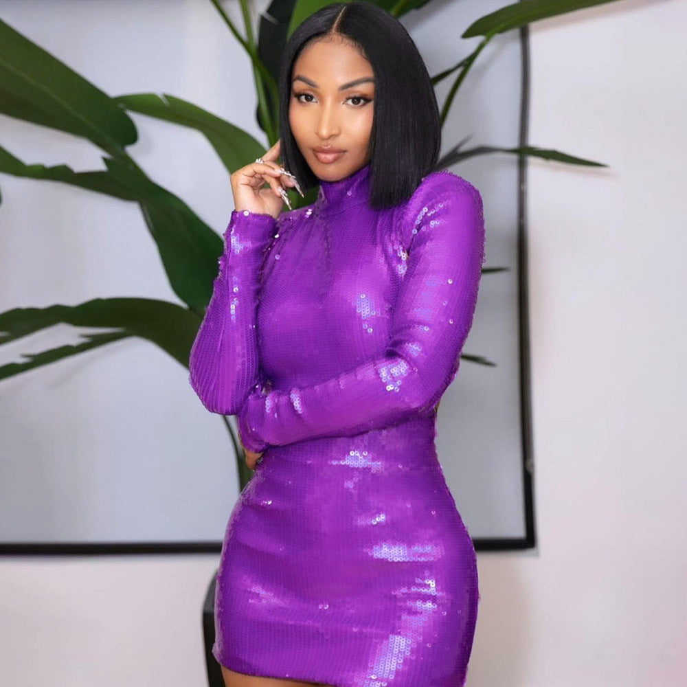 Vestido morado con lentejuelas, cuello redondo, espalda descubierta, manga larga, vestido de año nuevo