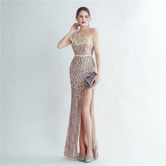 Heavy Industry Ostrich Hair Craft Beading Hair Oblique Shoulder Side Slit High End Evening Dress