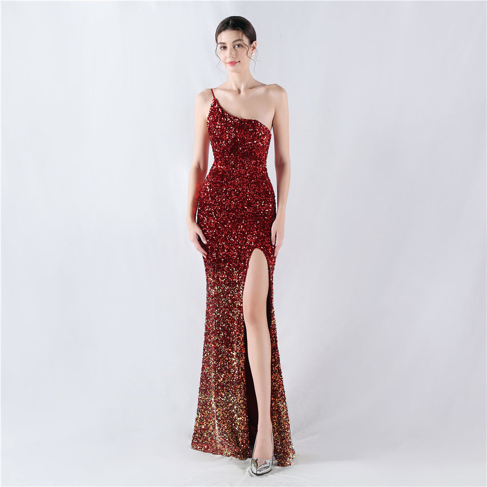 Dress Velvet Bottom Gradient Sequin High Fork Oblique Shoulder Evening Dress