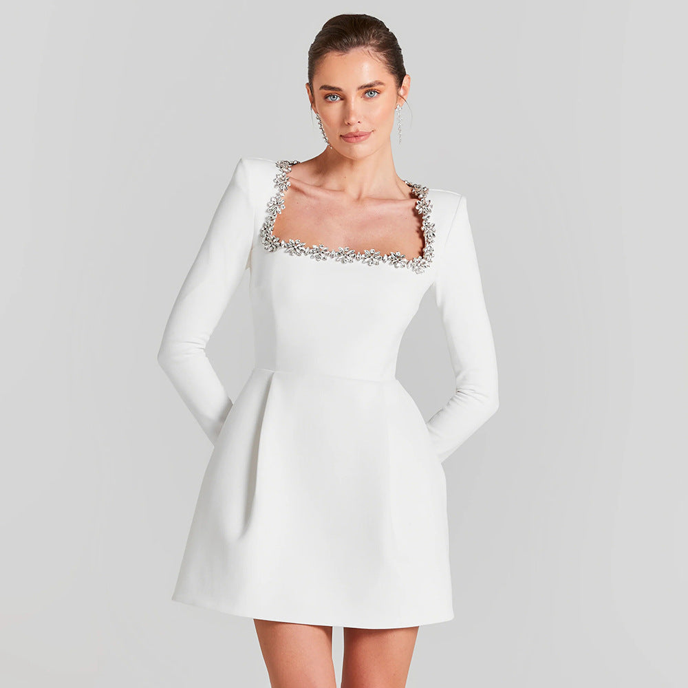 Bead Long Sleeve Stretch Dress A line