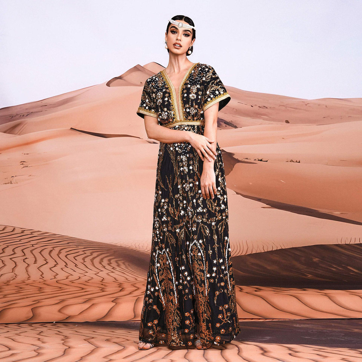 Short Sleeved Elegant V neck Long Sequined Cocktail Large Swing Evening Dress Bridesmaid