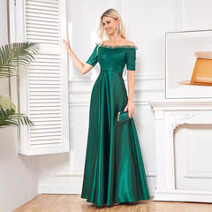 Vestido de cóctel de noche con cola de pez, hombros descubiertos, lentejuelas y manga corta, vestido de fiesta de satén