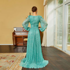 Vestido de noche elegante de manga larga con escote en V, largo, bohemio y vuelo, para dama de honor
