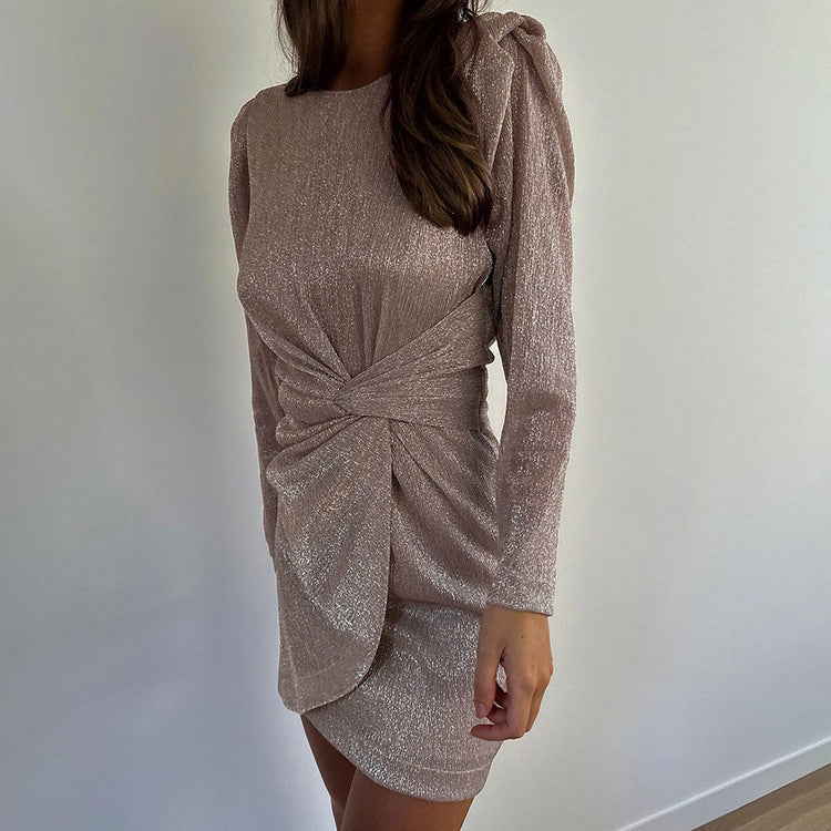 Early Long Sleeve round Neck Twisted Waist Design Dress Hip Dress