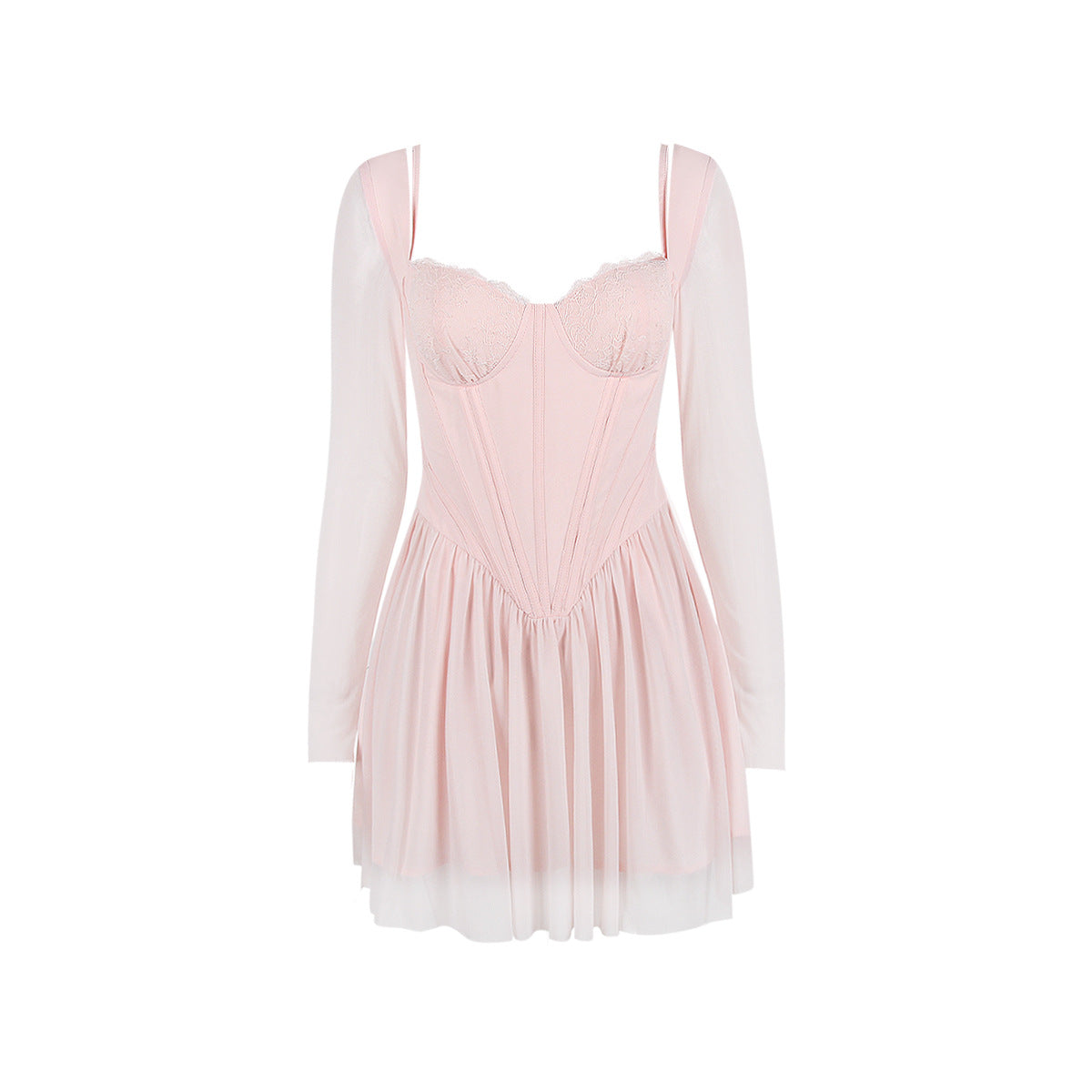 Vestido francés de malla con mangas largas y encaje con costuras y varillas, color rosa, para Barbie