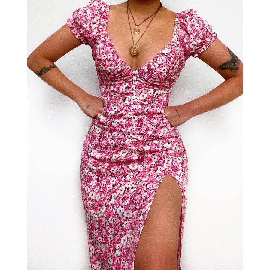 Floral Floral Print Fresh Sweet V-neck Mid-Length Dress