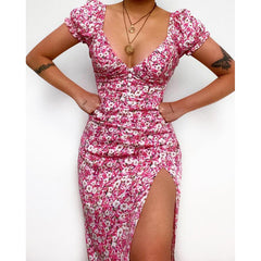 Floral Floral Print Fresh Sweet V-neck Mid-Length Dress