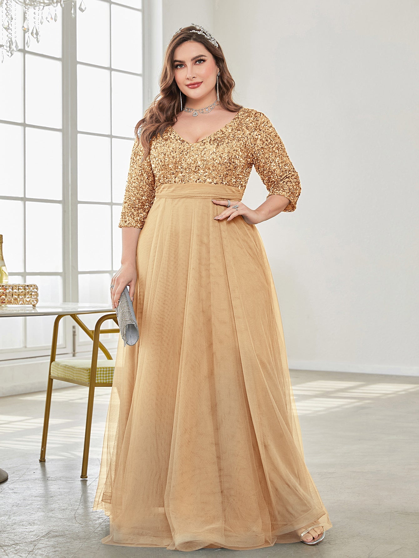 Plus Size V neck Short Sleeve Sequined Tulle A line Floor Elegant Prom Evening Dress Party Dress