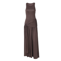 Stitching Ribbon Ruffled Slim Street Midi Solid Color Dress