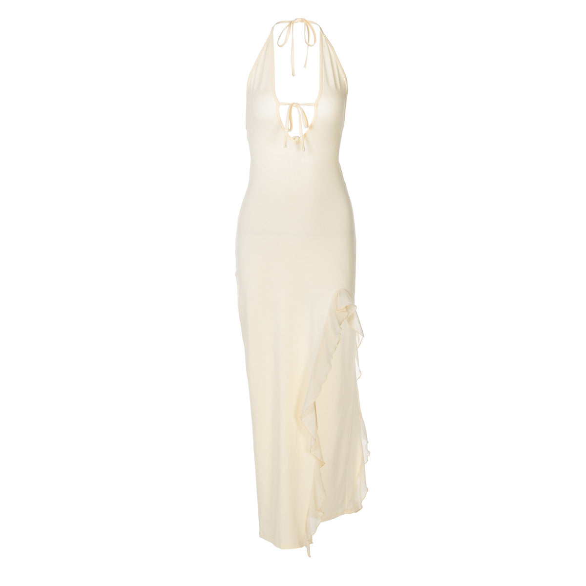 Vestido con escote en V, volantes, cordones y espalda descubierta