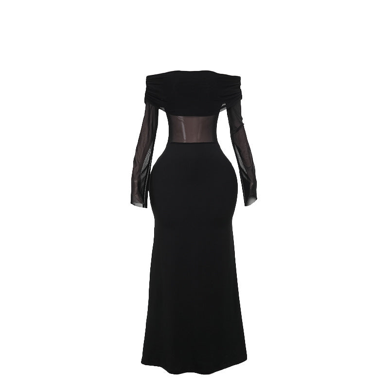 Fall Maxi Dress Elegant Slim off Shoulder Mesh