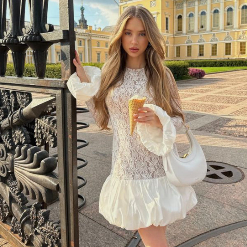 Stylish Long Sleeves See through Lace Tiered