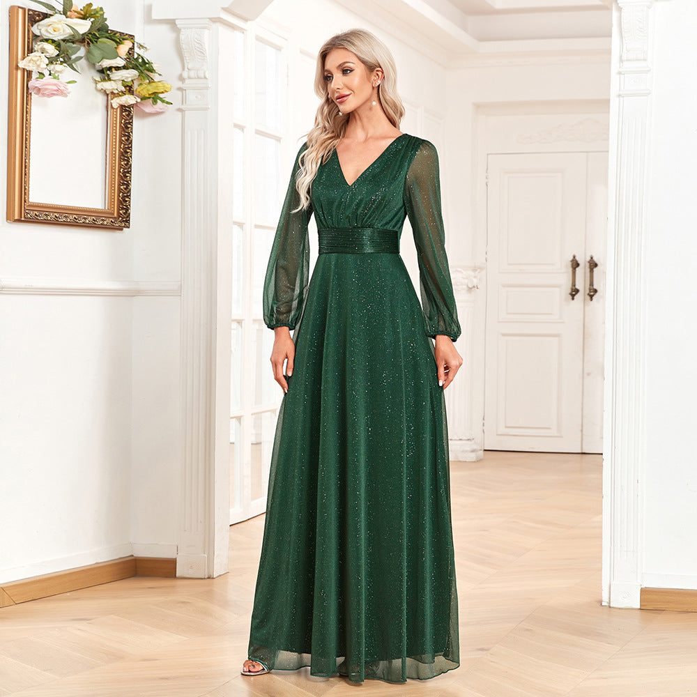Elegant V Neck Shiny Chiffon Evening Dress A line Sheer Long Sleeve Wedding Party Dress Bridesmaid