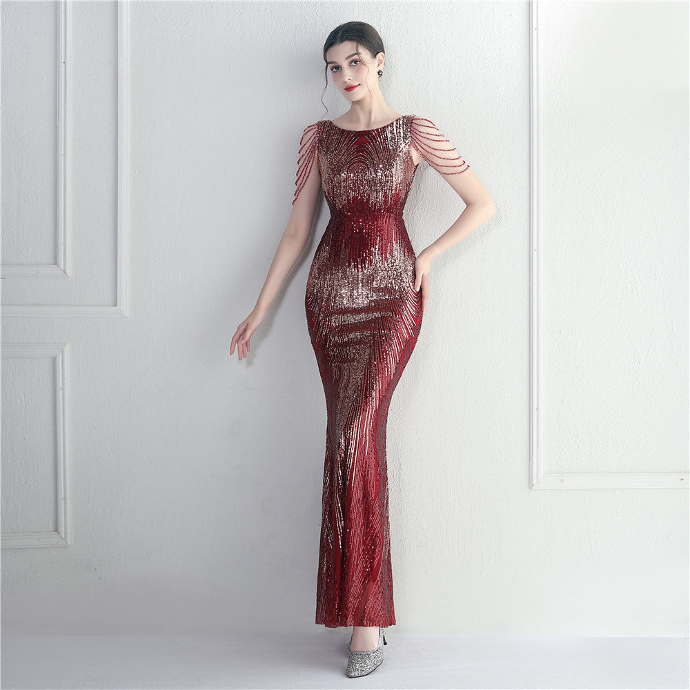 Positioning Floral Sequin Craft Beaded Party Dinner Ceremony Concert Maxi Dress Evening Dress