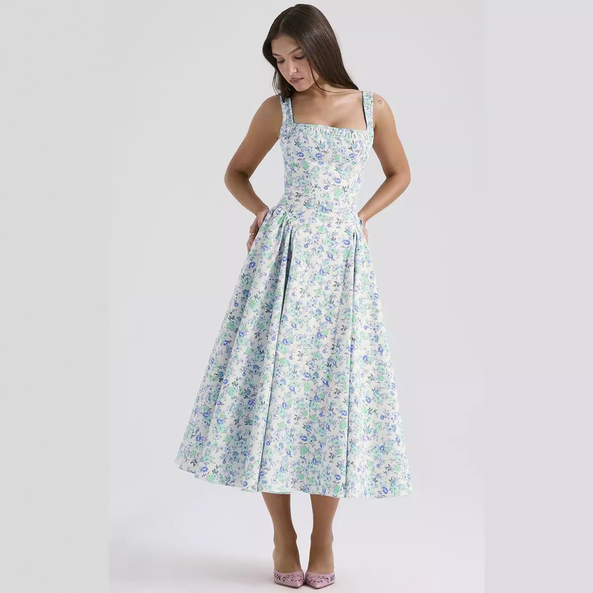 Vestido de fiesta bohemio floral, ajustado, ajustado, sin espalda, largo medio