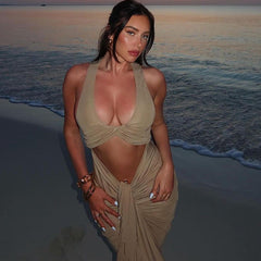 Solid Color Pleated Tight Dress Cutout Cropped Halter U Collar Length Dress