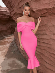 Vestido de noche con lazo y hombros descubiertos, elegante vestido de fiesta con volantes