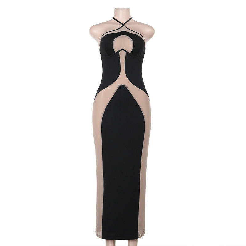 Fall Maxi Dress Elegant Halter Sling Slim Fit Hollow Out Cutout Dress