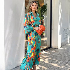 Dress Elegant Office Lace up Long Sleeve Printed Dress for