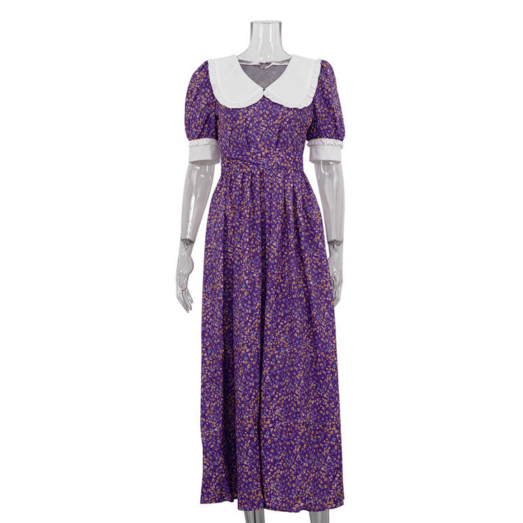 French Peter Pan Collar Short Sleeve Dress Purple Floral Tie Neck Slimming Dress