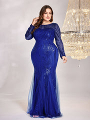 Vestido de talla grande, manga larga, cuello redondo, corte entallado, falda de cola de pez, vestido de dama de honor para cóctel de noche para brindar elegante