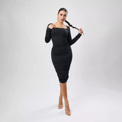 Stretch Solid Color Square Collar Ruffle Hip Slim Fit Mid Length Dress