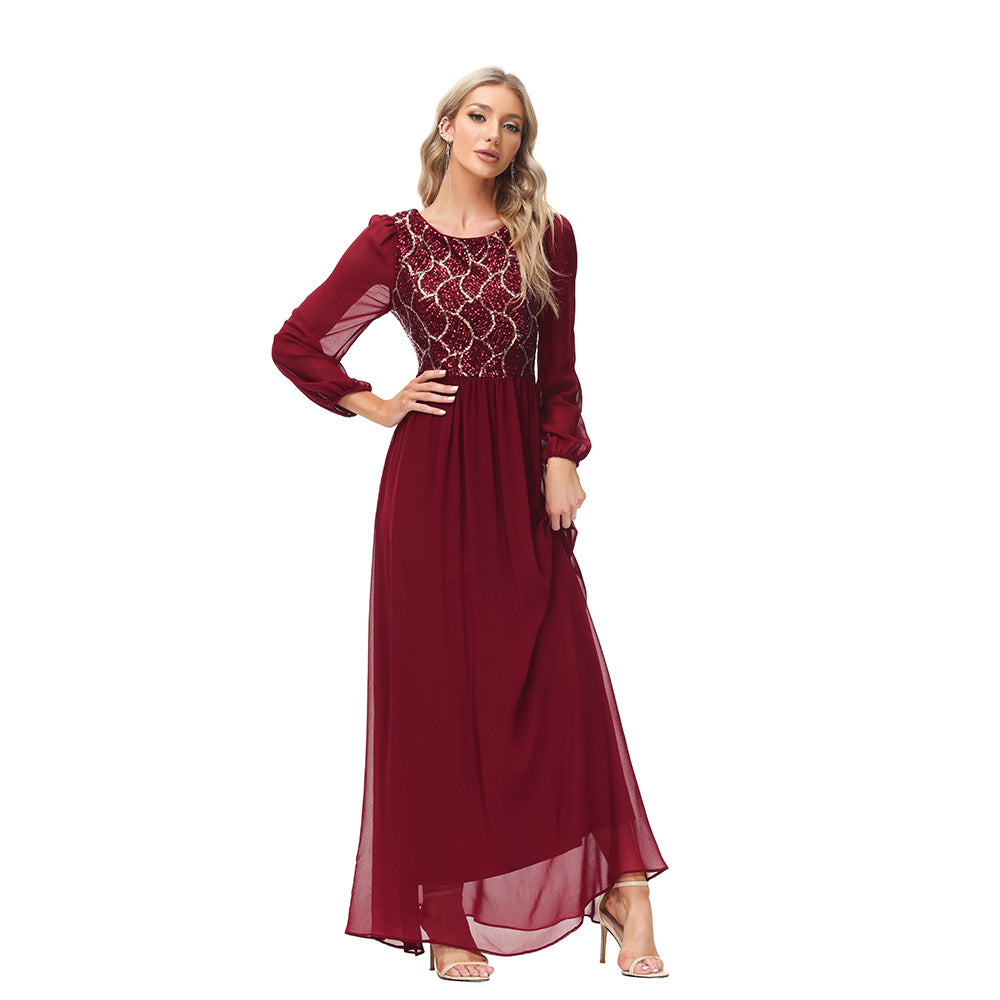 Long Sleeve Chiffon Stitching Sequ Toast Dress A line Large Hem round Neck V Back Fully Lined Elegant Evening Dress