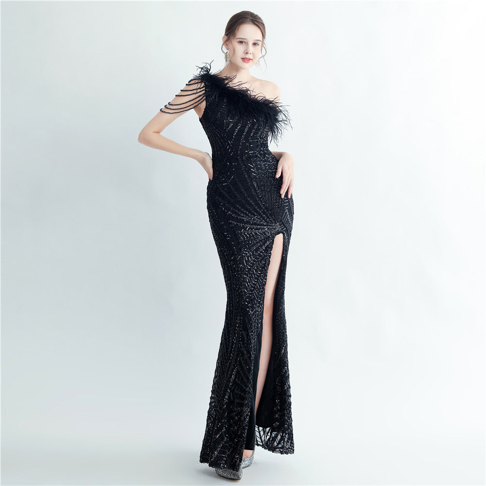 High Density Lamination Sequin Craft Order Ostrich Hair Beaded Oblique Shoulder High End Evening Dress