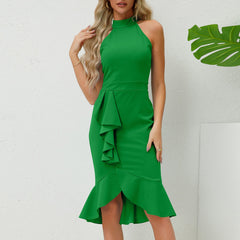 Popular Sheath Slim StCollar Sleeveless Ruffled Fishtail Dress