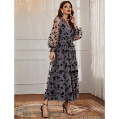 Casual V neck Long Sleeve High Waist Floral Print Long Lace Dress