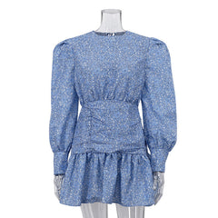 Printed Floral Dress Long Sleeve Cinched Pleated Casual Dress