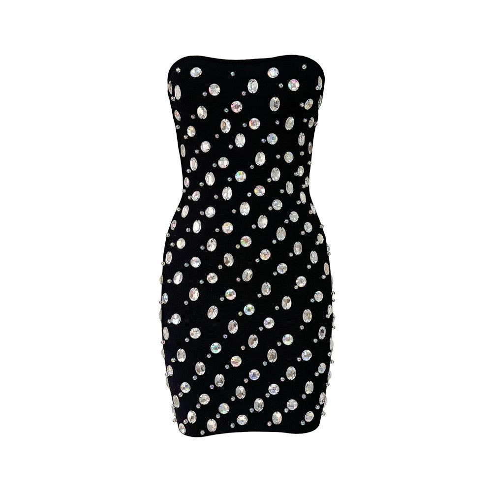 Vestido de fiesta corto para mujer, estilo industrial pesado, ligero, de lujo, con diamantes de imitación y parte superior de tubo, estilo vendaje