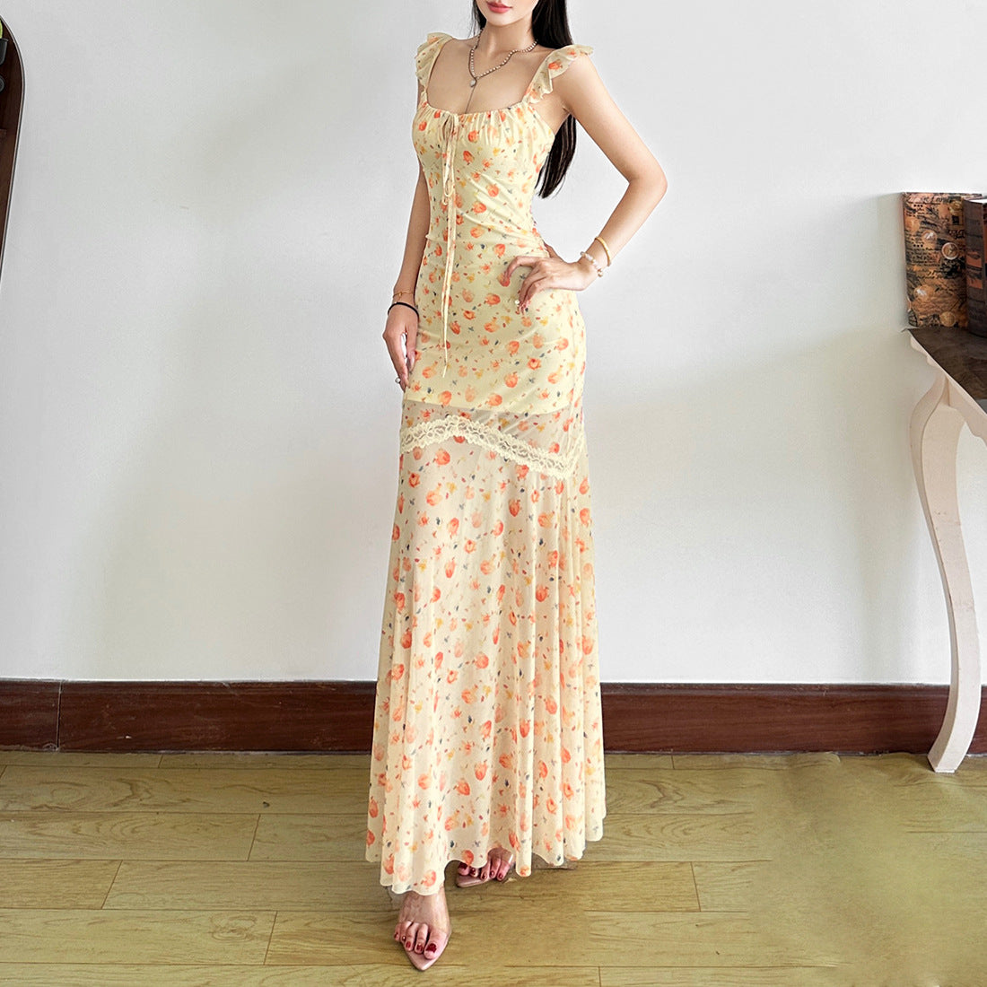 Tie-waist fishtail fruit print slim dress
