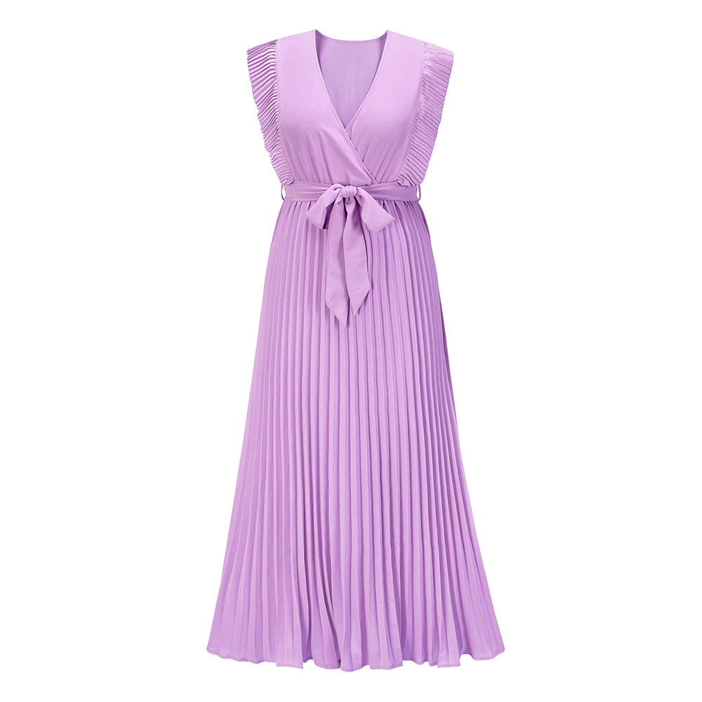 Elegant Beach DressSlim Fit Ruffle Sleeve Chiffon Pleated Solid Color Dress