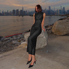 Solid Color Sheer Mesh High Waist Figure Flattering Sheath Dress