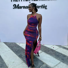 Personalized Printed Pleated Tight Backless Halter Split Dress