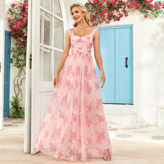 Vestido de noche de fiesta con escote en U doble plisado y estampado floral de calidad, con cremallera en la espalda, forro completo y dobladillo A grande.
